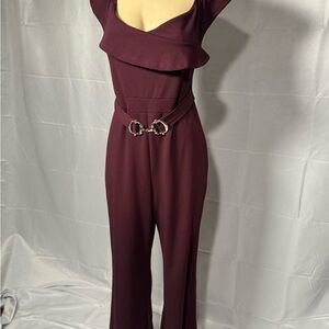 Justify Wine Burgundy Jumpsuit with Decorative Silver Buckle